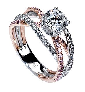 Crossover rings are becoming more apparent today and this one of my favourites. Mark Silverstein Got it just right with this 18k white and rose gold triple band crossover, containing both pink and white diamonds. Just gorgeous and not too much of a splurge at $4.5k 